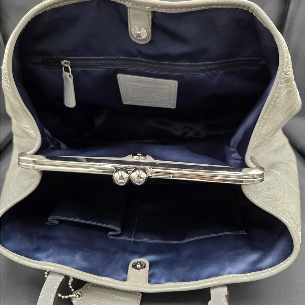 Coach Signature Gray Leather Kisslock Tote Bag